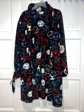 Cherokee Kids Black Fleece Robe with Red, Blue & White Sports Balls